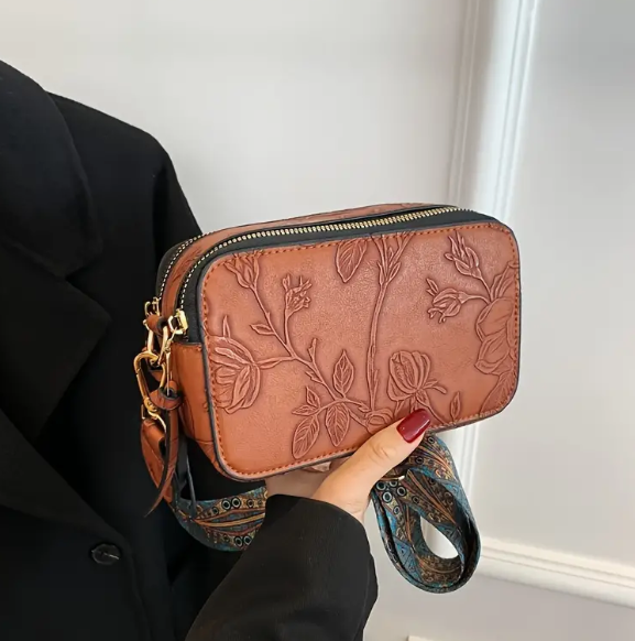 Western Tooled Floral Crossbody in Brown