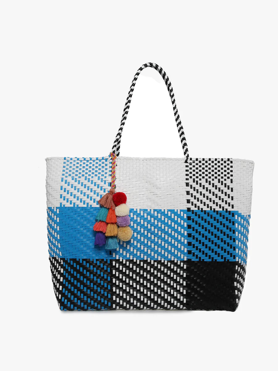 Jen & Co. Allie XL Woven Beach Tote w Pom-Poms