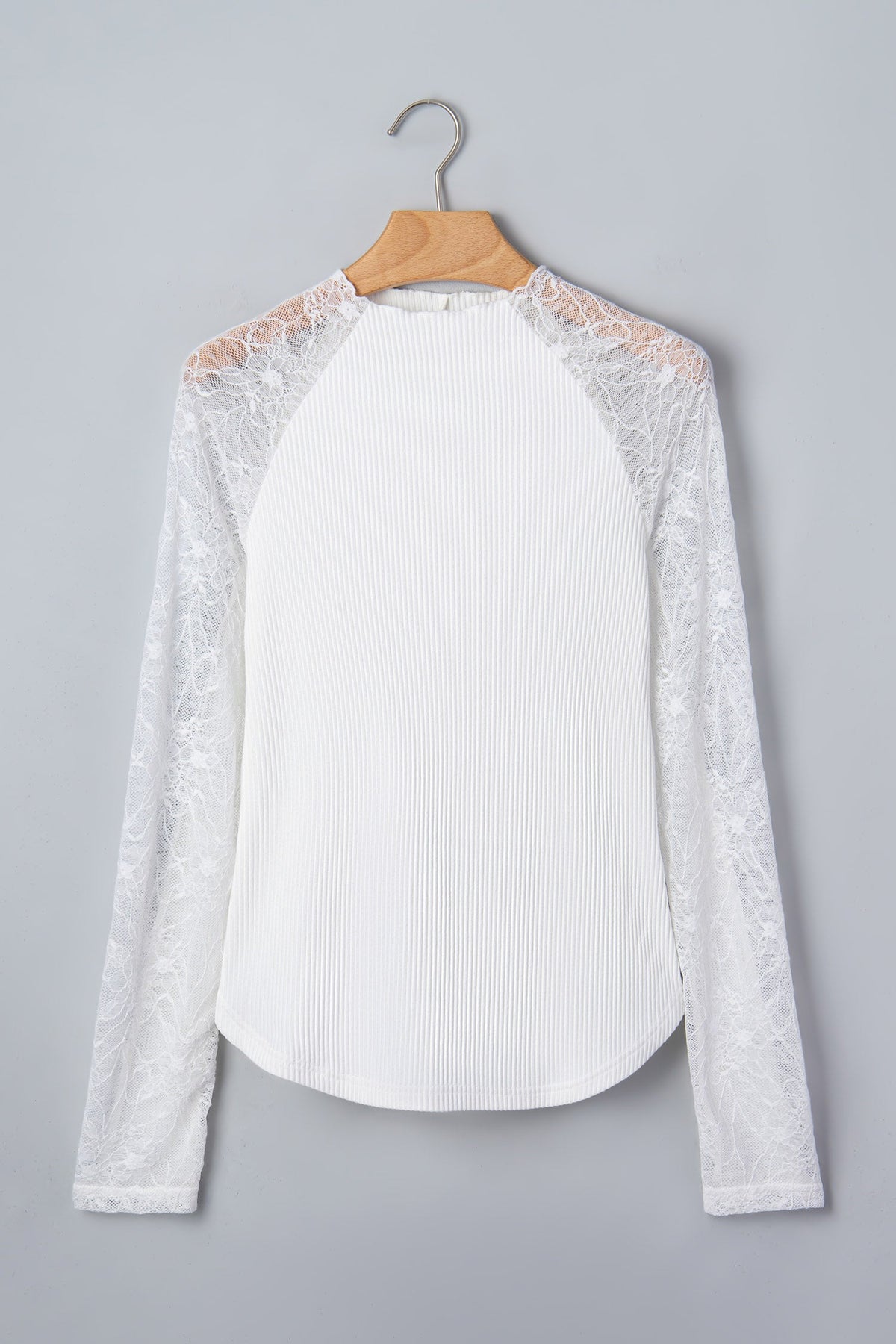 Solid/Sheer Lace Long Sleeve Ribbed Knit Top
