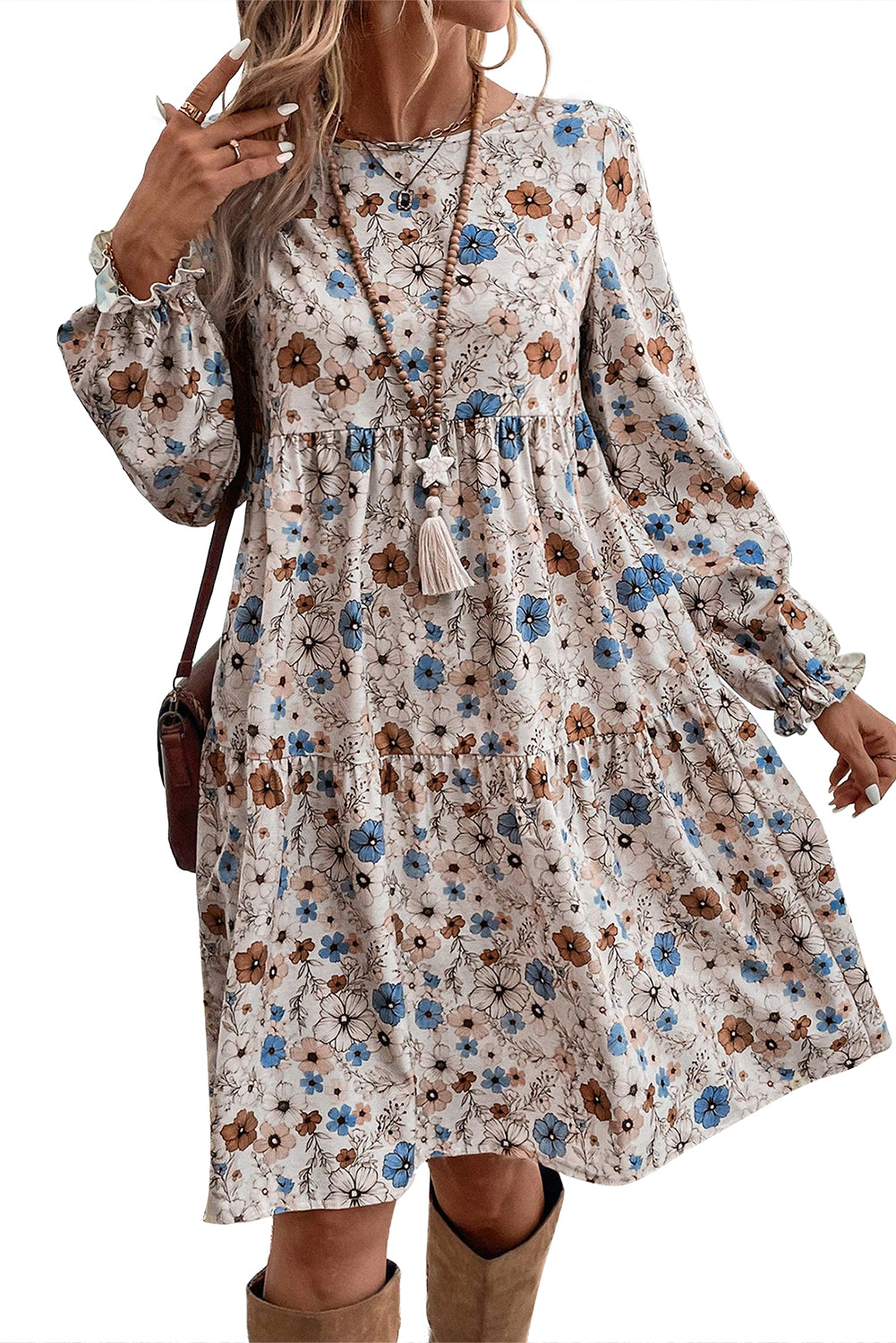 Khaki Floral Print Puff Sleeve Tiered Dress