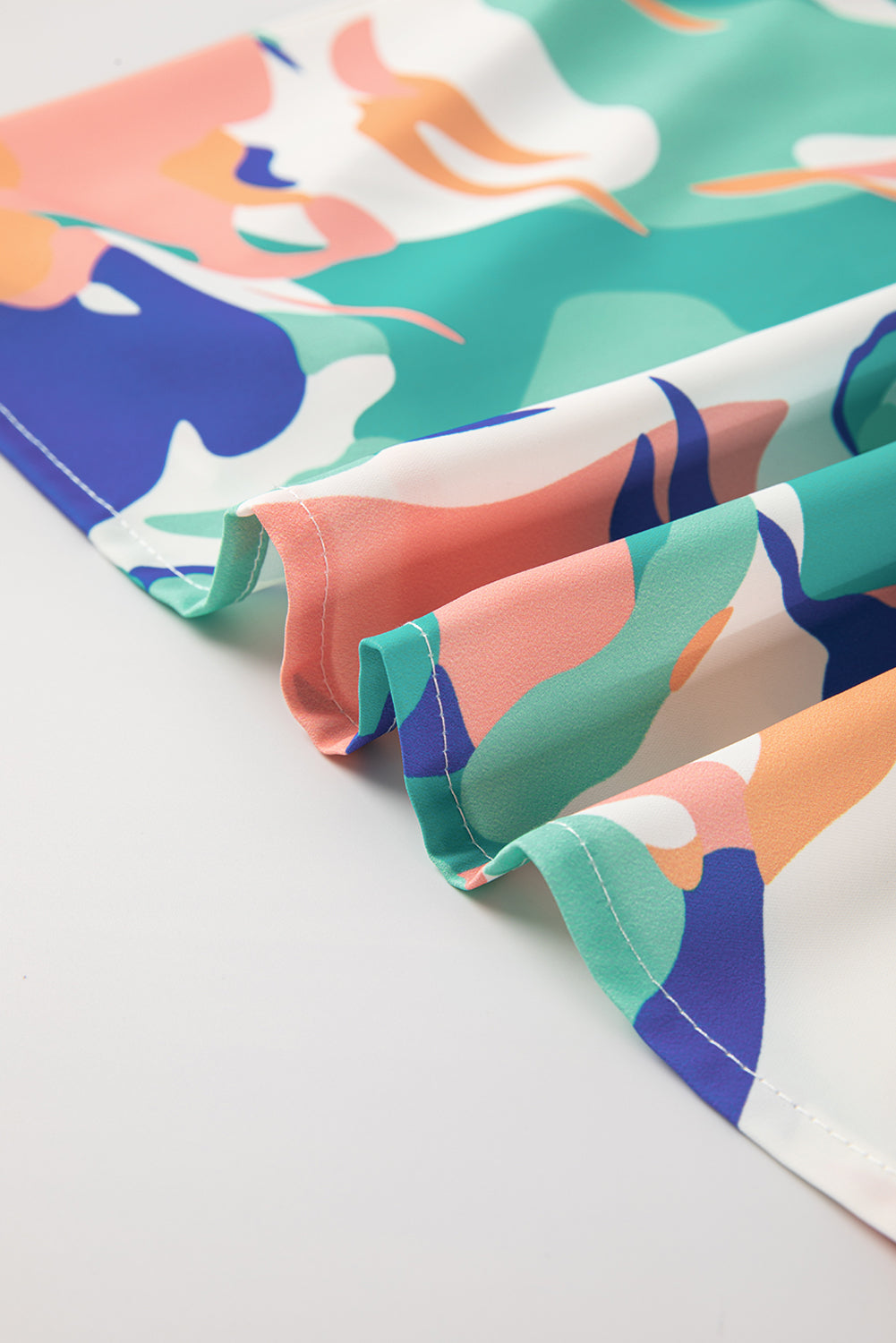 Multicolour Abstract Print Smocked Notched Neck Ruffle Blouse