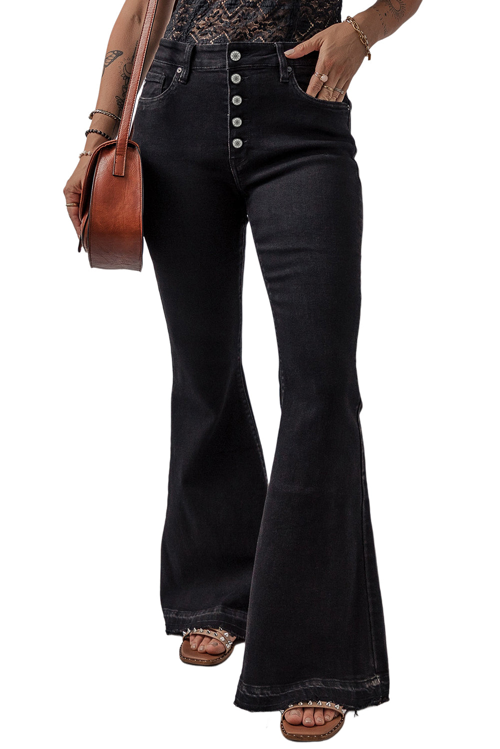 Angela Black High Waist Button Up Flare Jeans