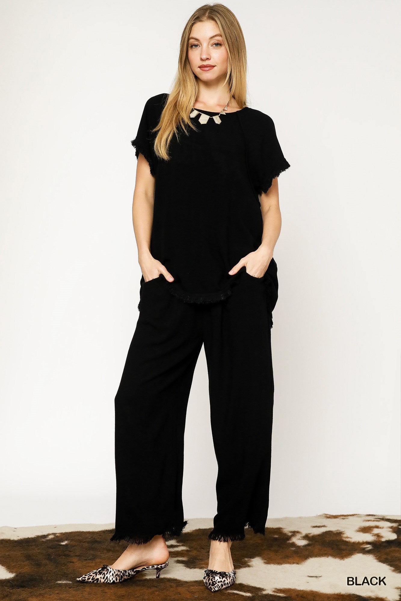 Umgee Wide Leg Frayed Hem Linen Pants