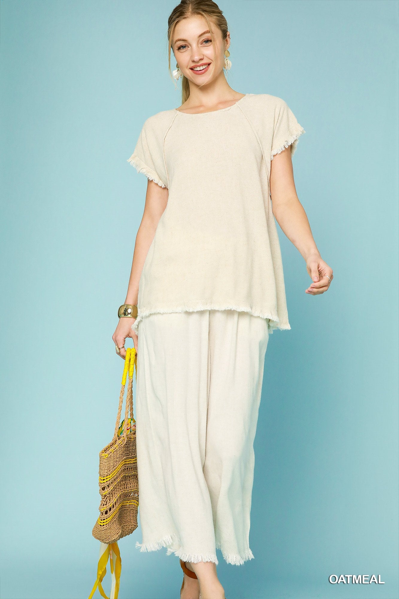 Umgee Wide Leg Frayed Hem Linen Pants