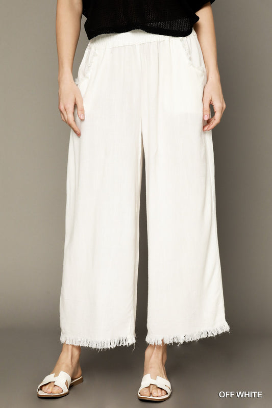 Umgee Wide Leg Frayed Hem Linen Pants