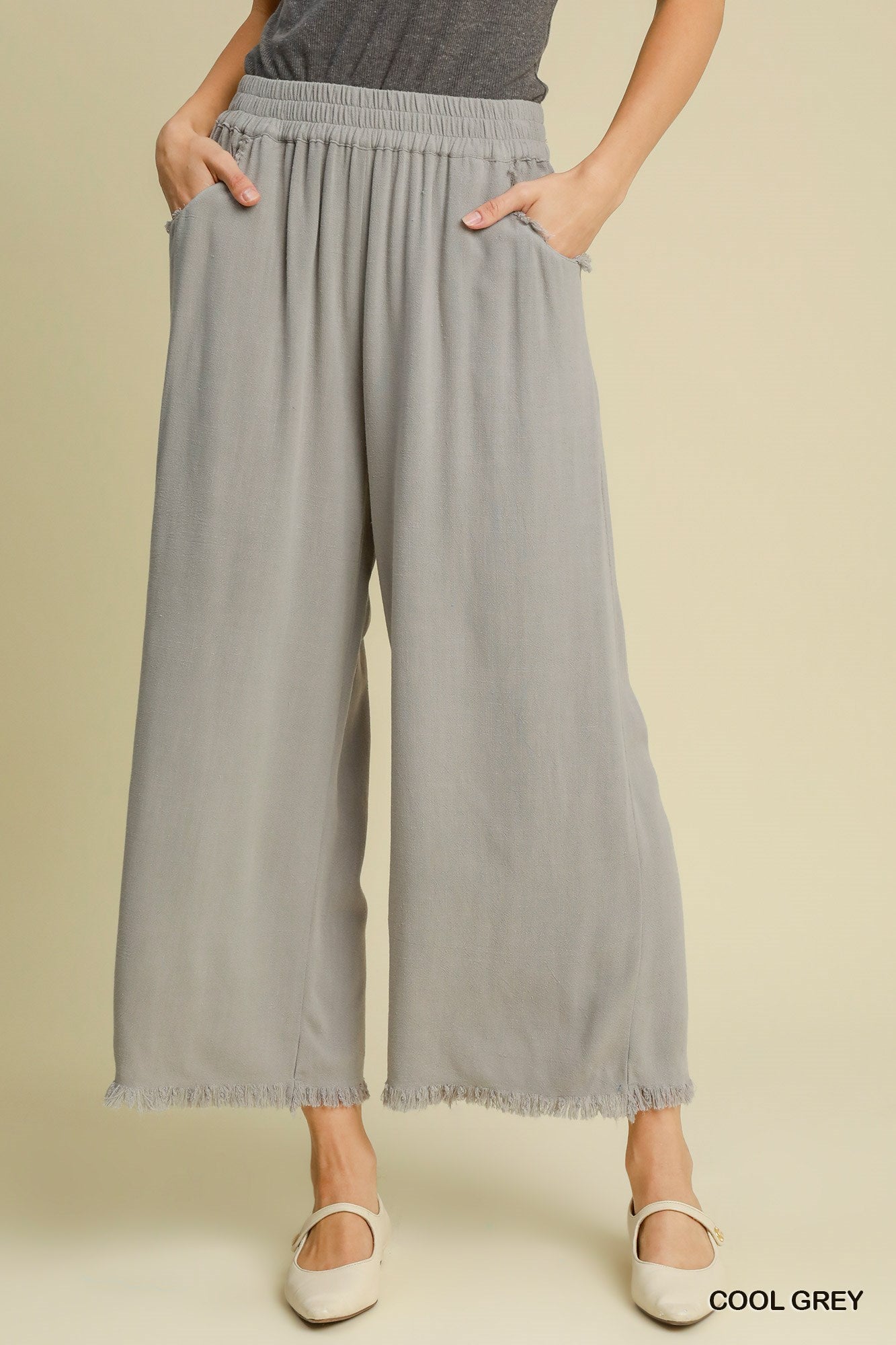 Umgee Wide Leg Frayed Hem Linen Pants