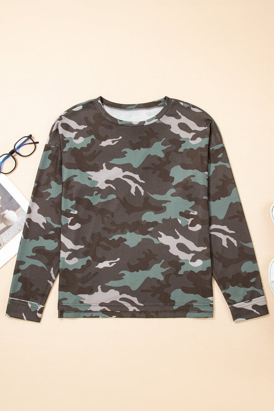 Camo Textured Drop Shoulder Long Sleeve Top