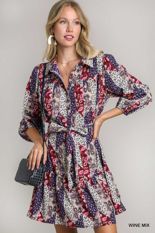 Umgee Paisley Mixed Print Mini Dress