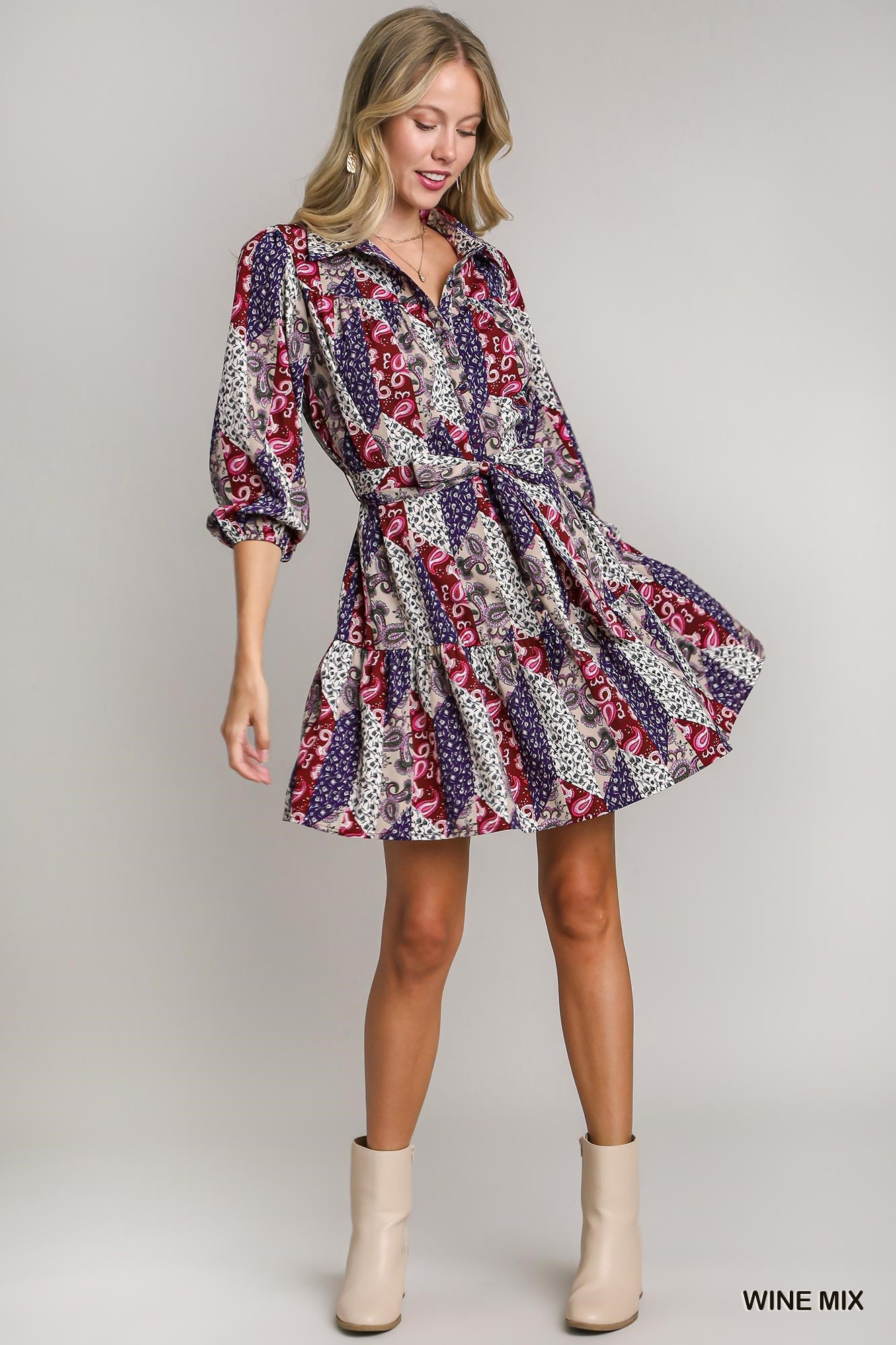 Umgee Paisley Mixed Print Mini Dress