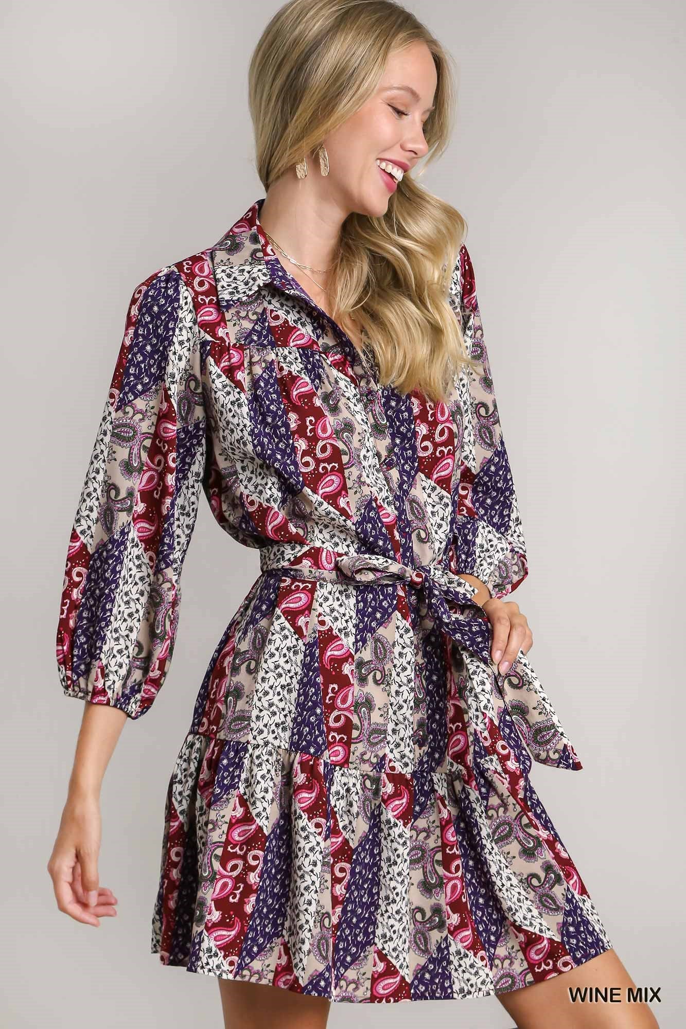 Umgee Paisley Mixed Print Mini Dress