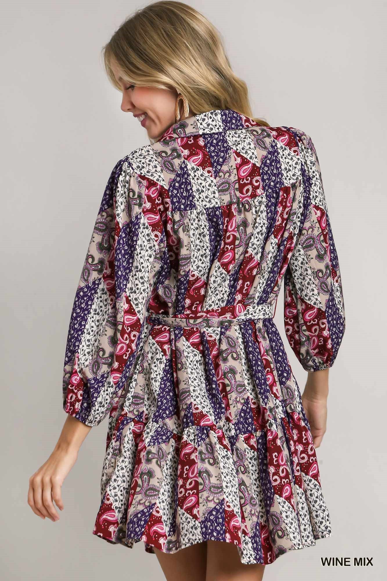 Umgee Paisley Mixed Print Mini Dress
