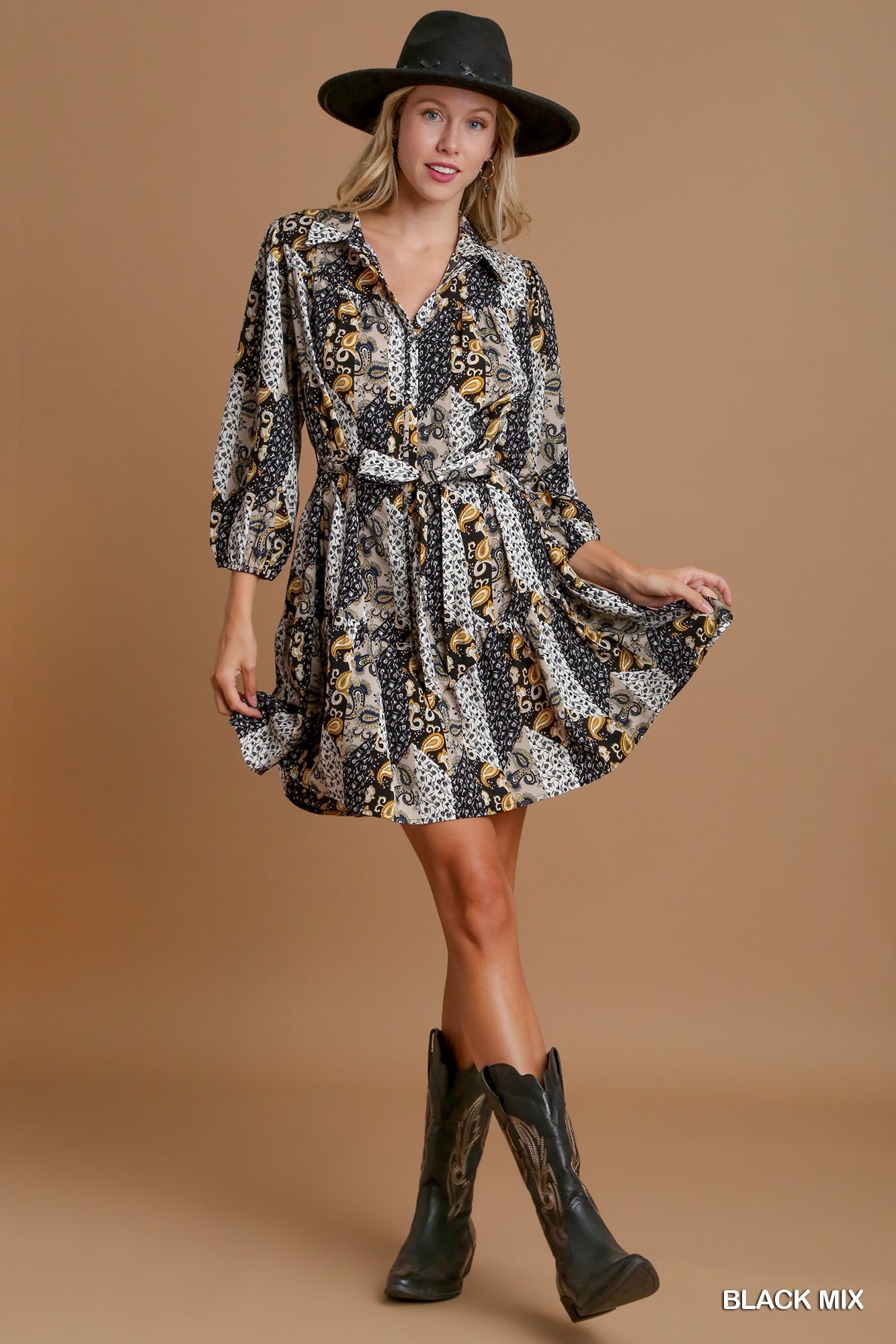 Umgee Paisley Mixed Print Mini Dress