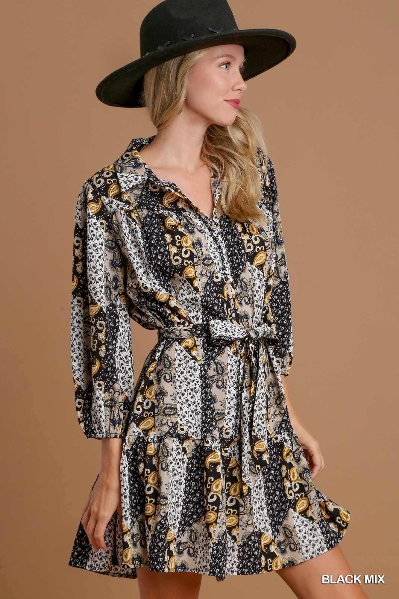 Umgee Paisley Mixed Print Mini Dress