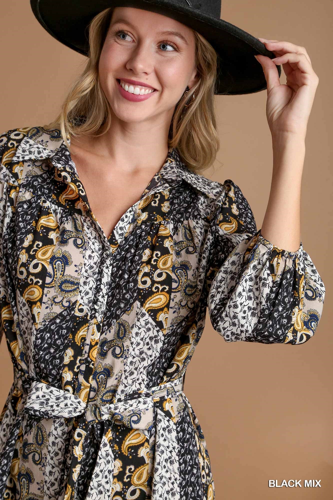 Umgee Paisley Mixed Print Mini Dress