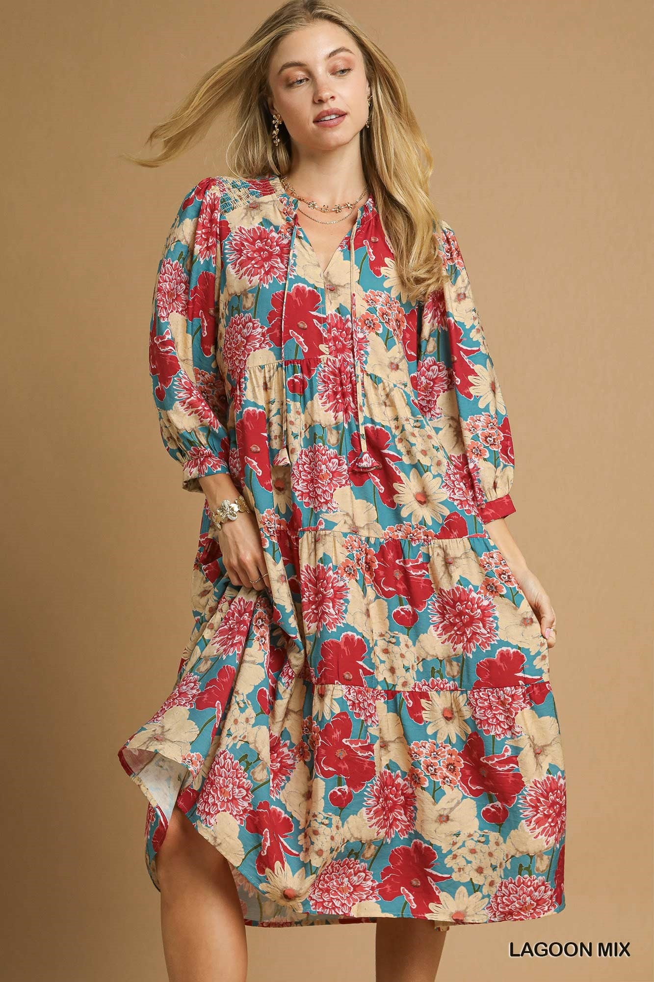 Umgee Tiered Floral Midi Dress