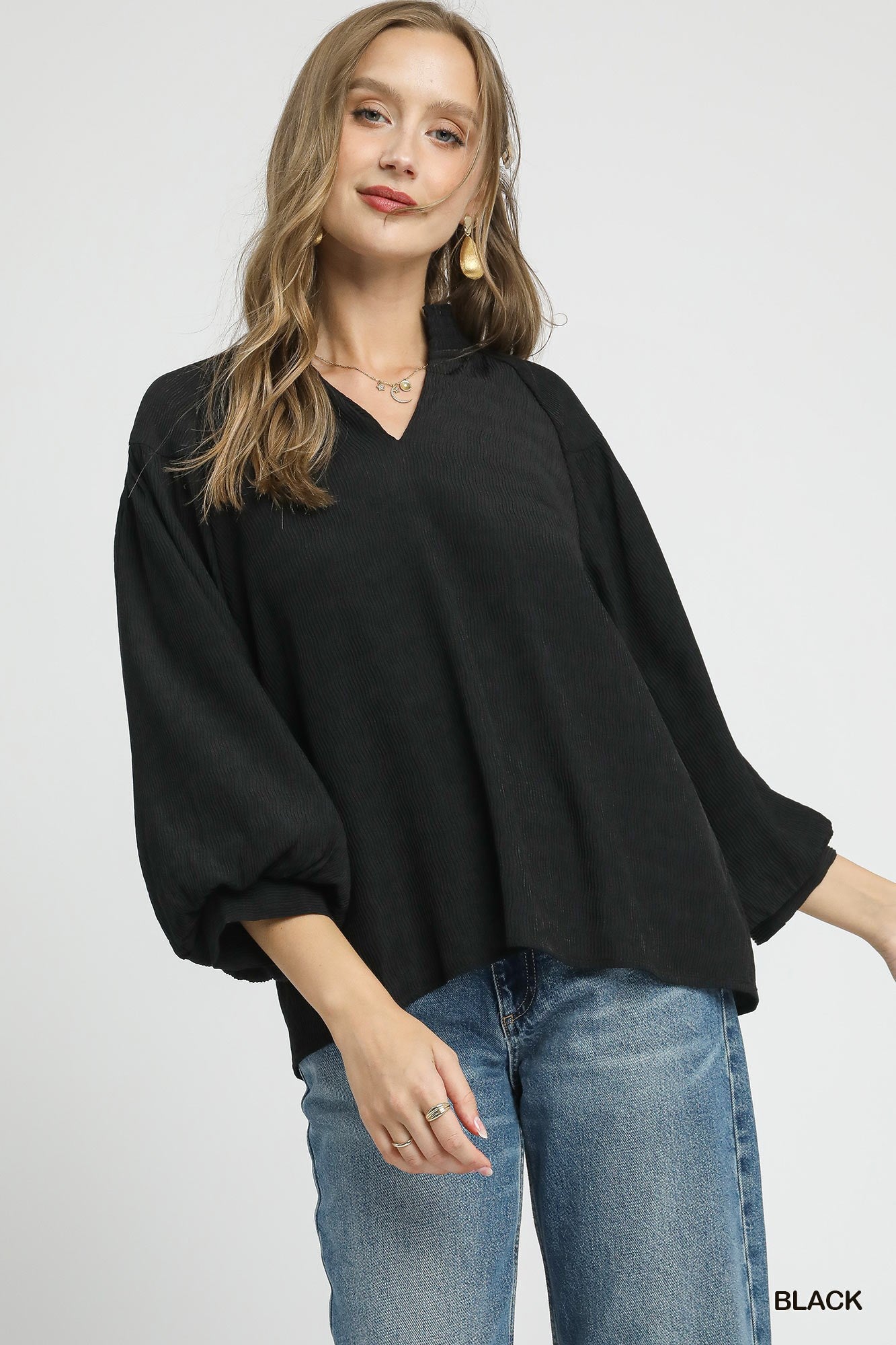 Umgee Textured Balloon Sleeve Blouse