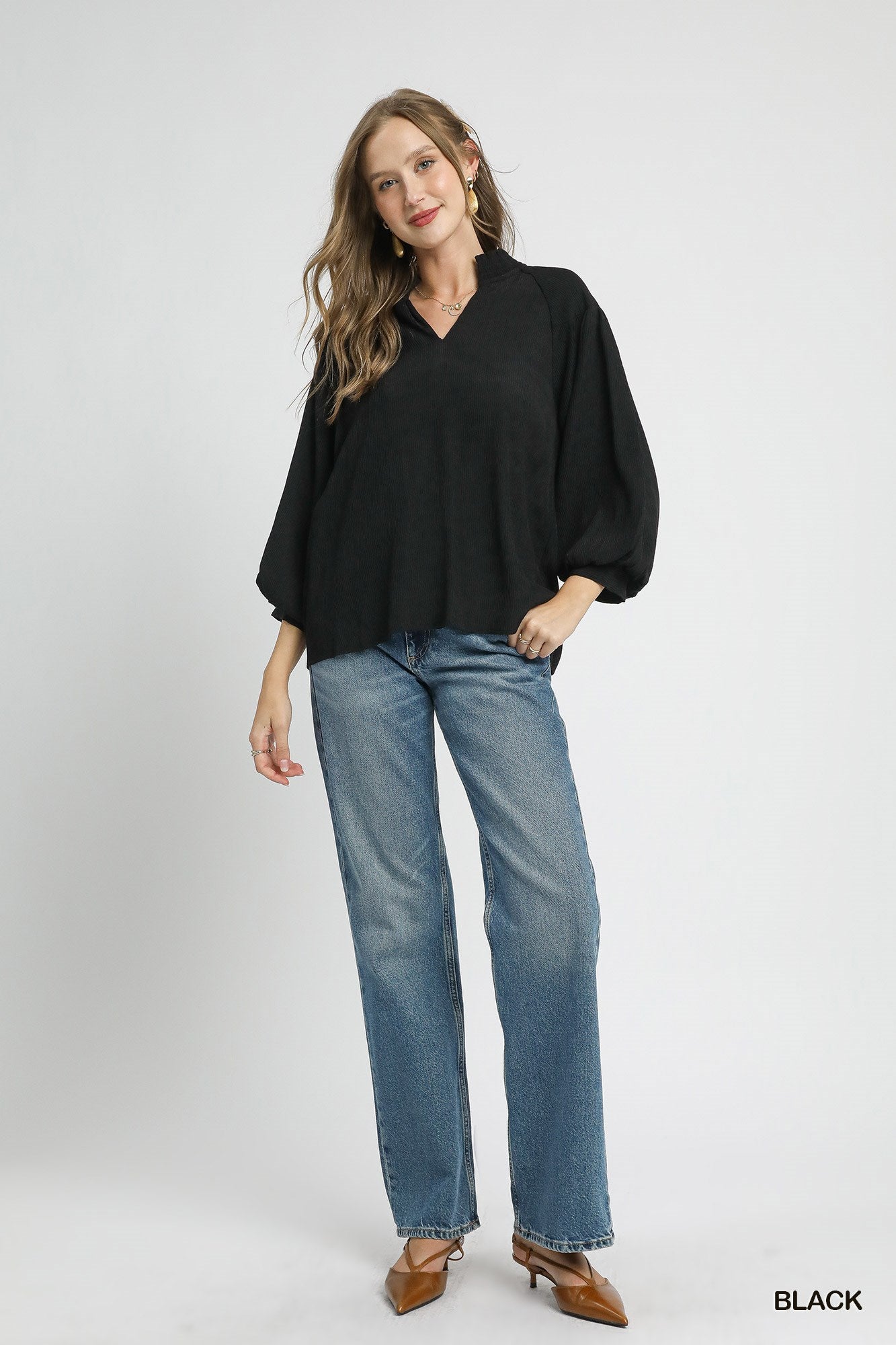 Umgee Textured Balloon Sleeve Blouse