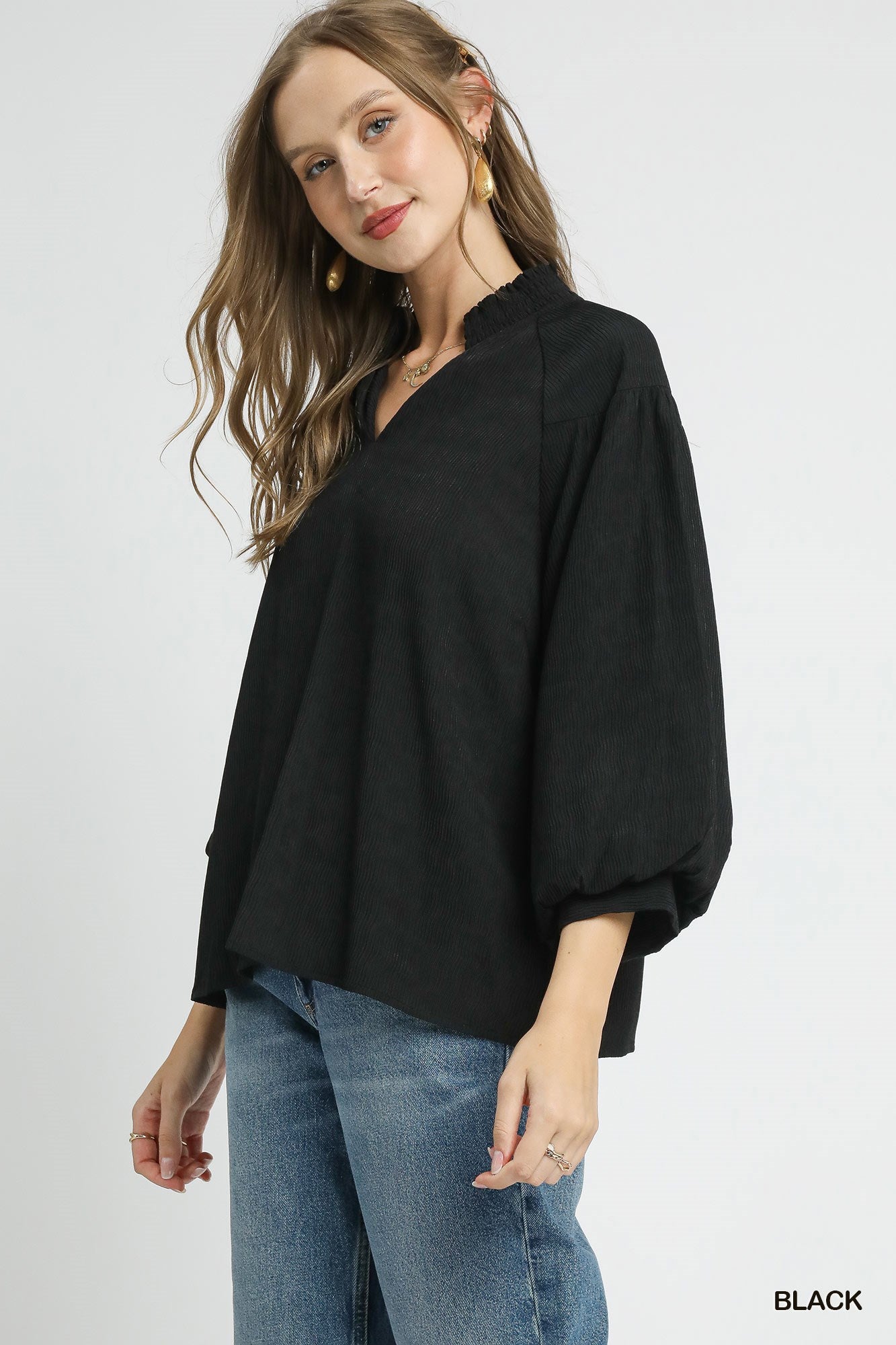 Umgee Textured Balloon Sleeve Blouse