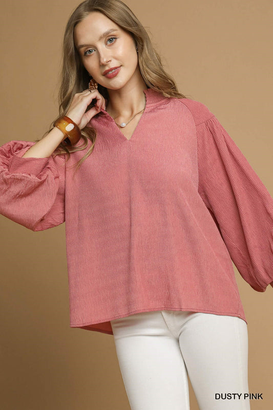Umgee Textured Balloon Sleeve Blouse