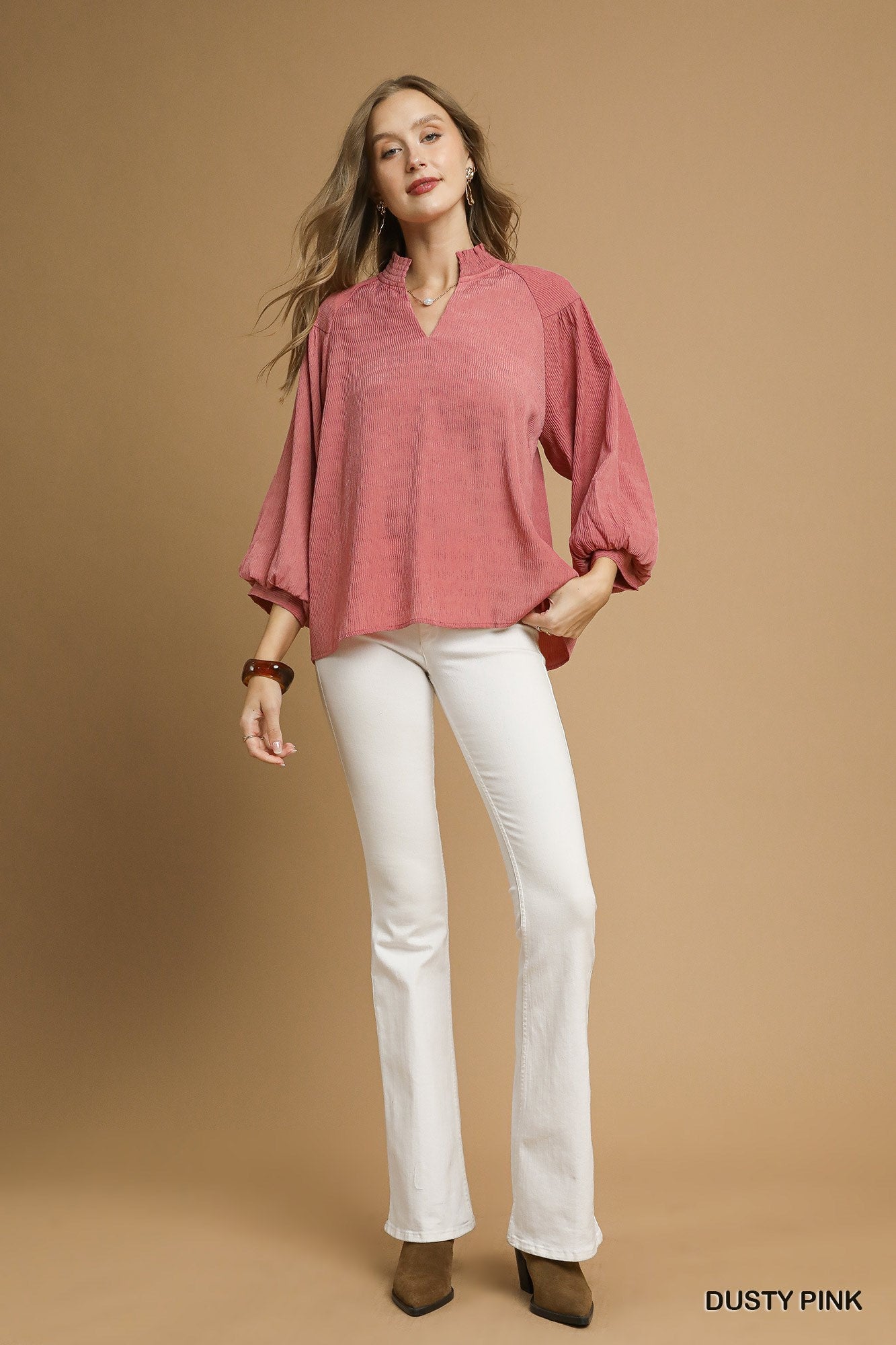 Umgee Textured Balloon Sleeve Blouse