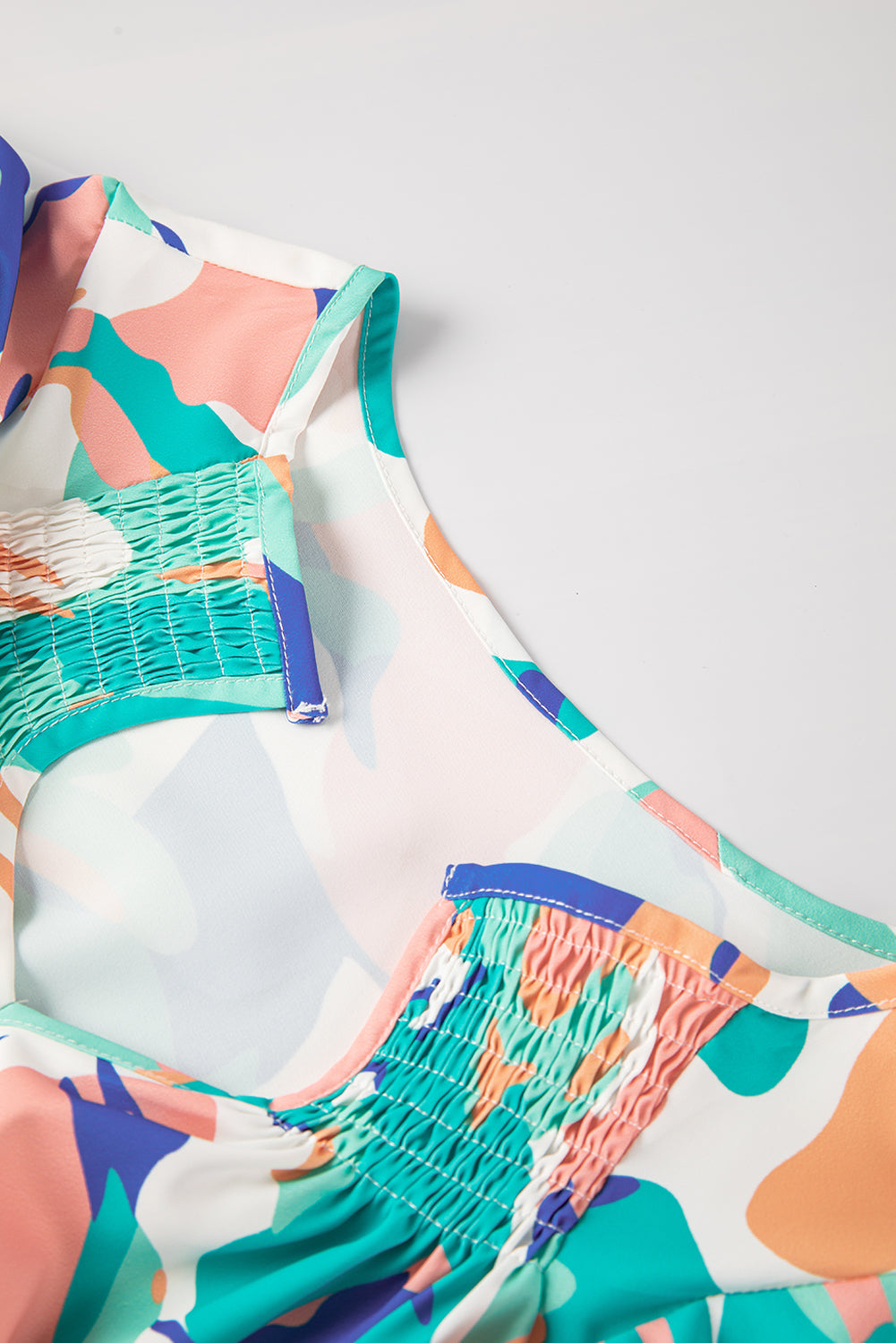 Multicolour Abstract Print Smocked Notched Neck Ruffle Blouse