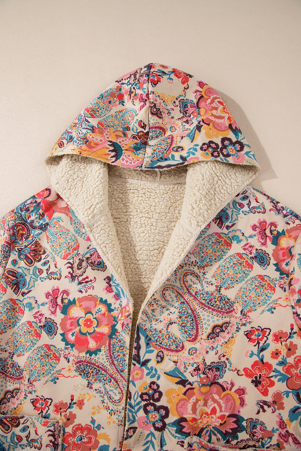 Khaki Vintage Paisley Floral Printed Sherpa Lined Hooded Jacket