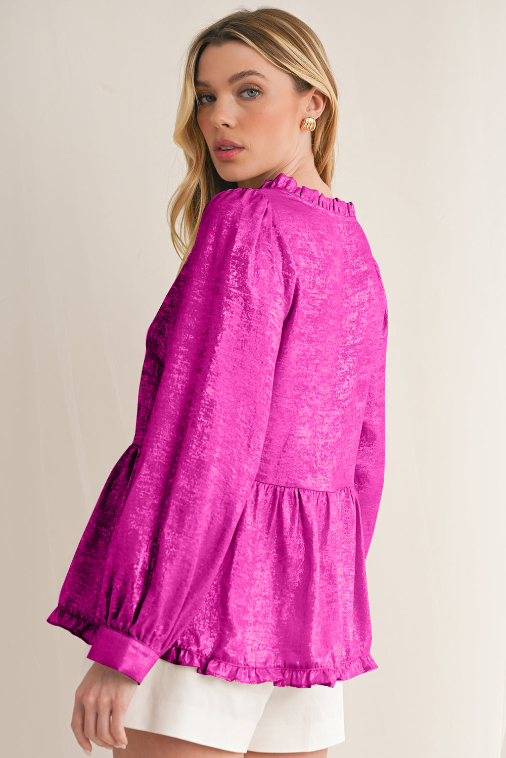 Gold Metallic Velvet Frill V Neck Puff Sleeve Babydoll Blouse