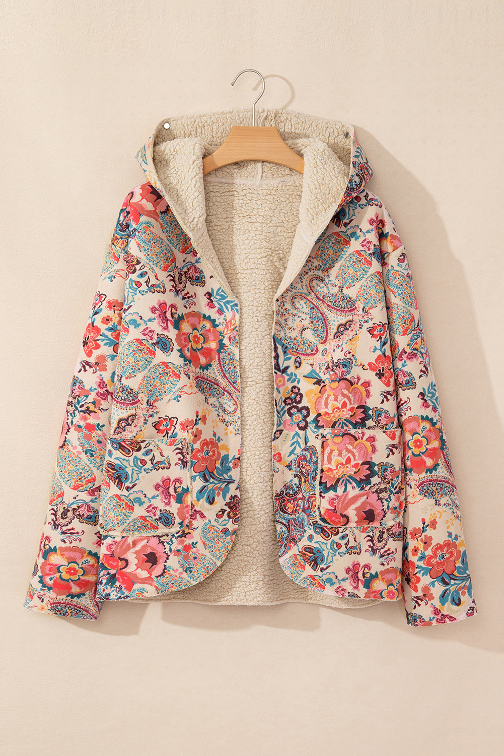 Khaki Vintage Paisley Floral Printed Sherpa Lined Hooded Jacket