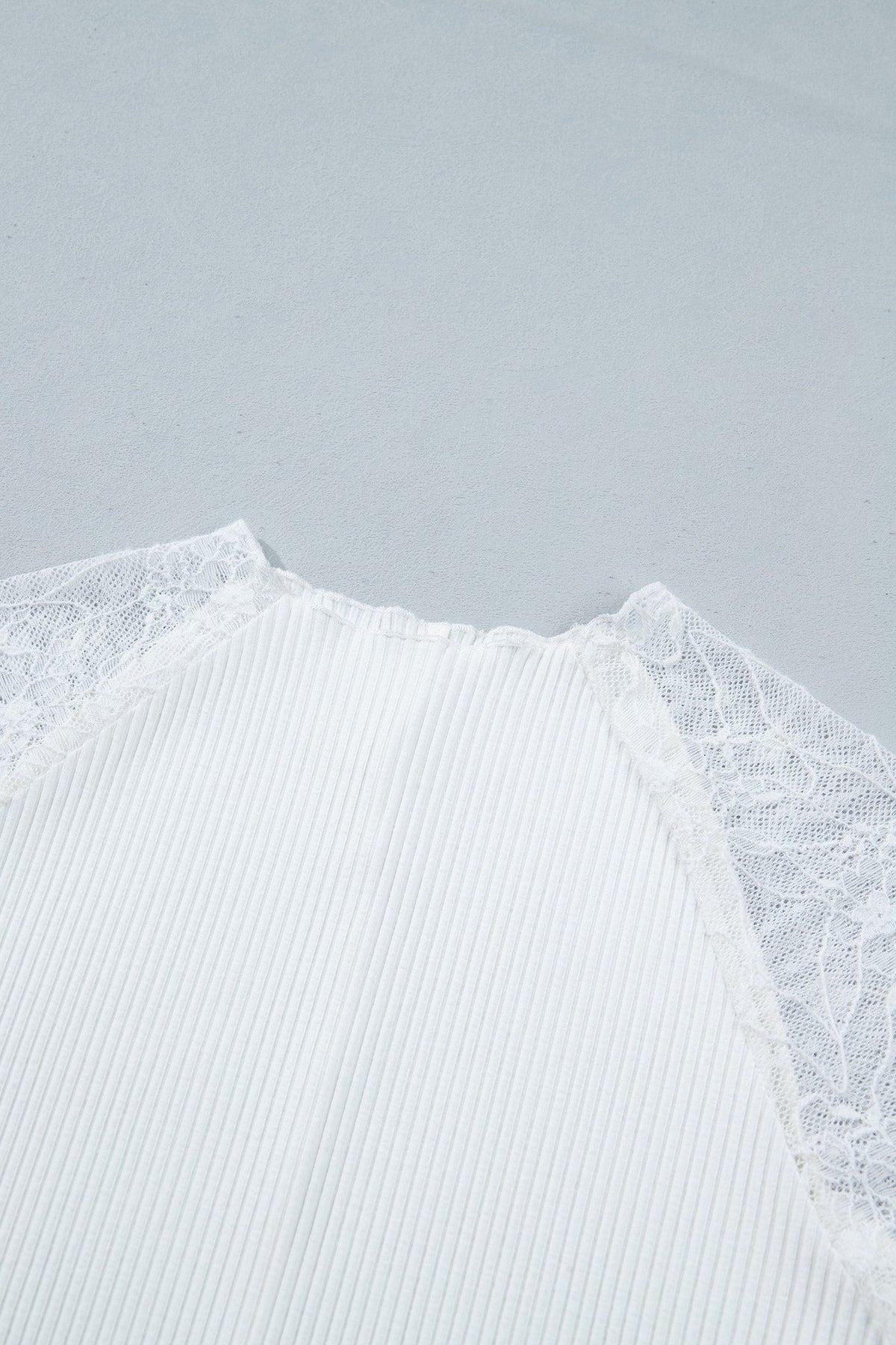 Solid/Sheer Lace Long Sleeve Ribbed Knit Top