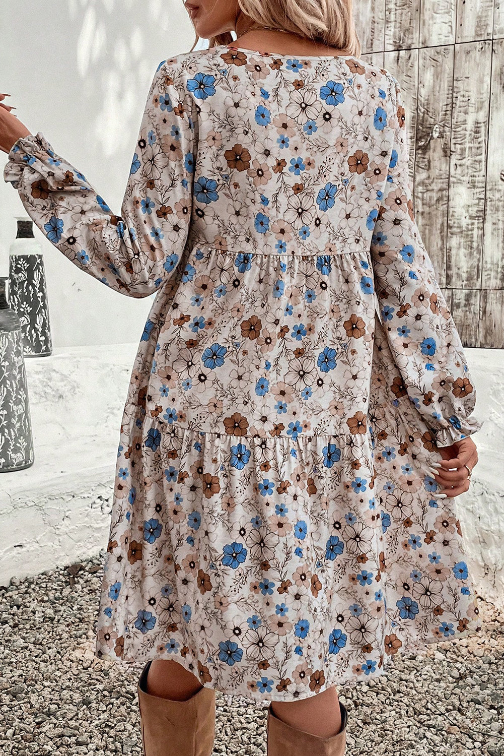Khaki Floral Print Puff Sleeve Tiered Dress