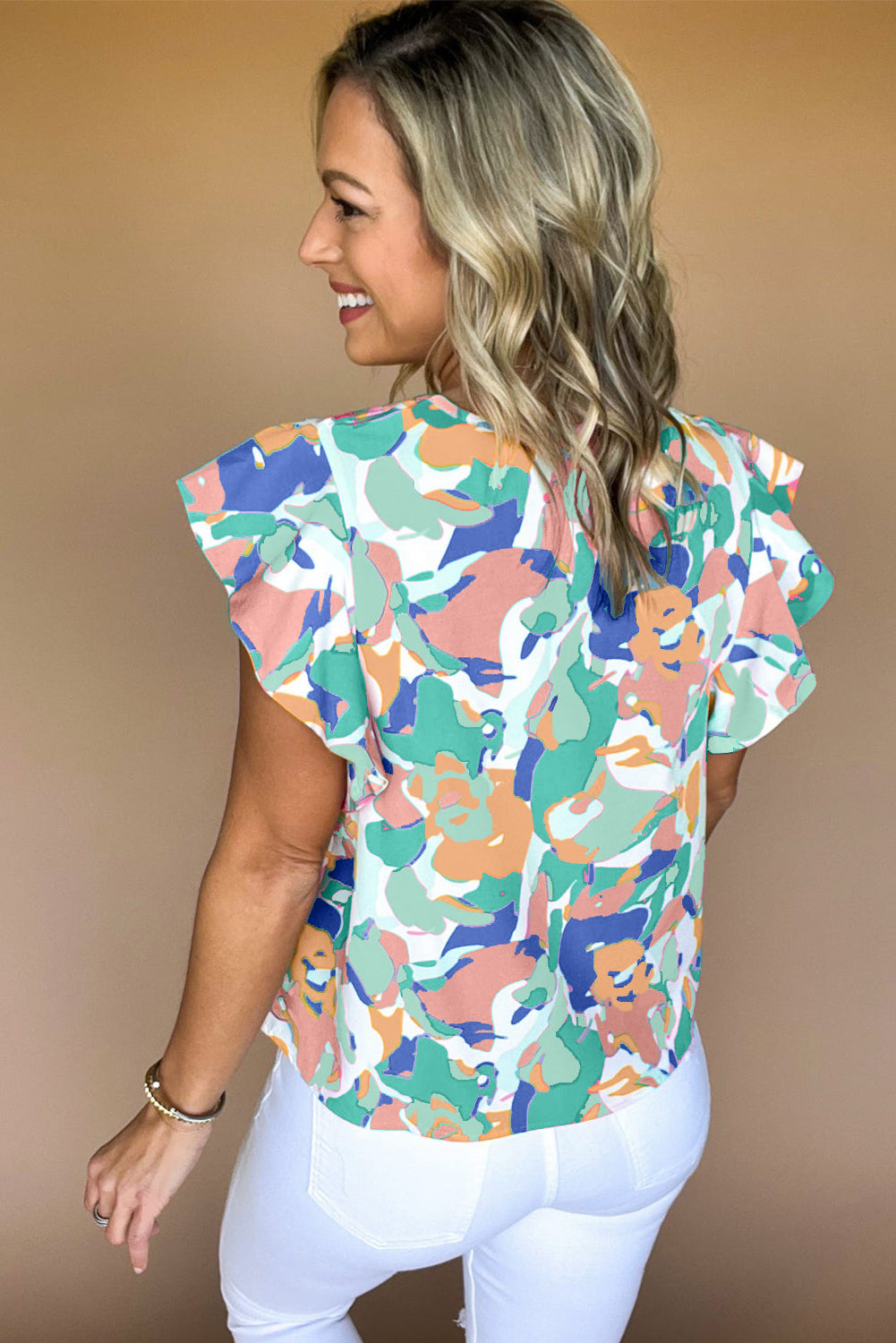 Multicolour Abstract Print Smocked Notched Neck Ruffle Blouse