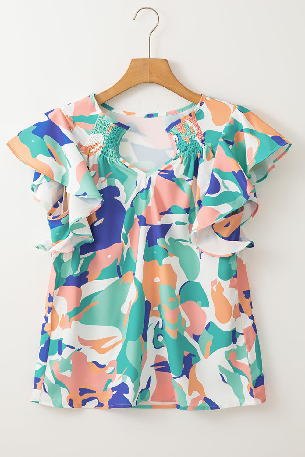 Multicolour Abstract Print Smocked Notched Neck Ruffle Blouse