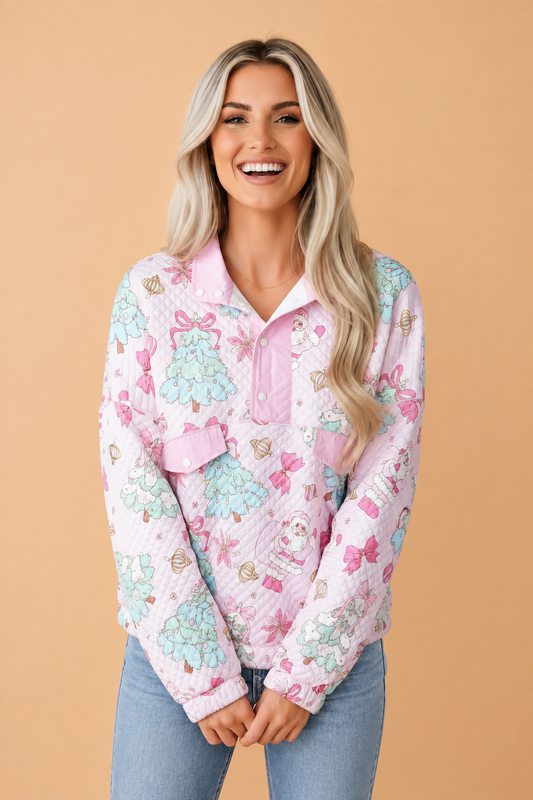 Santa Quilted Buttoned Collar Sweatshirt