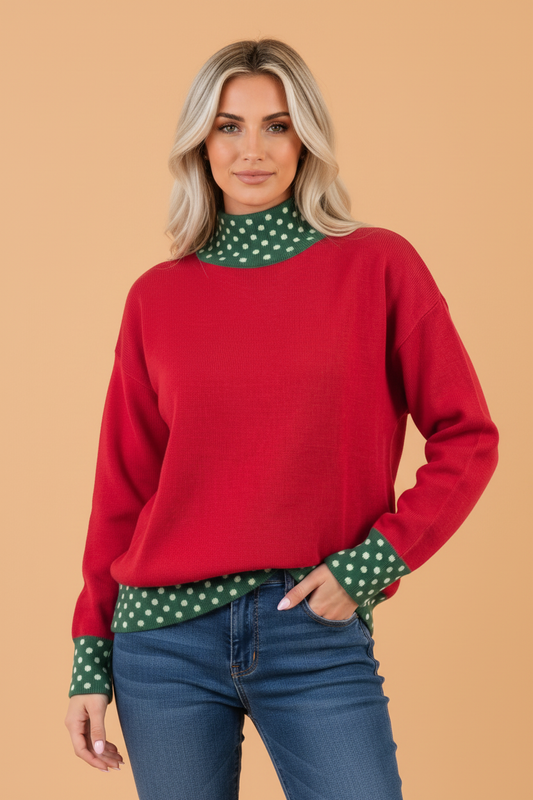 Polka Dot Contrast Mock Neck Sweater