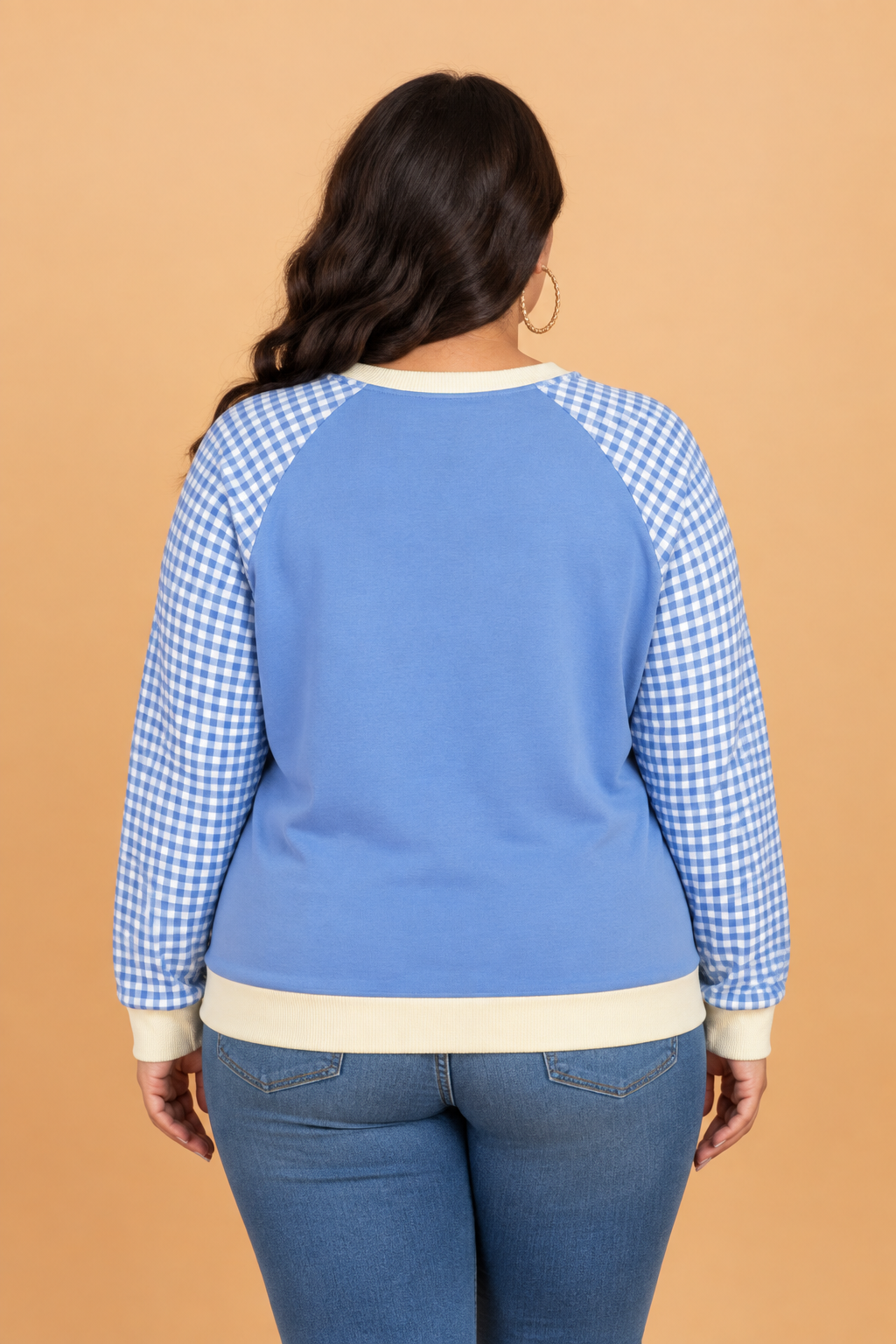 Plus Size Gingham Patchwork Contrast Trim Sweatshirt