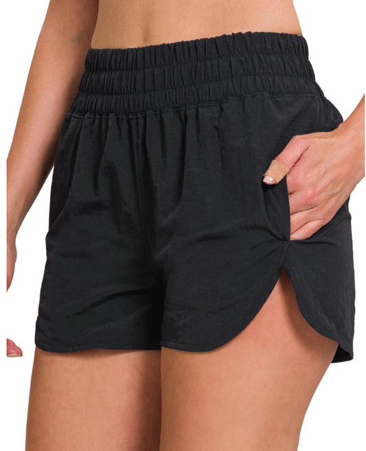 Zenana Windbreaker Smocked Shorts