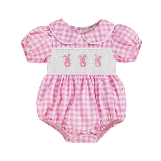 Pink Plaid Embroidered Smocked Bunny Romper