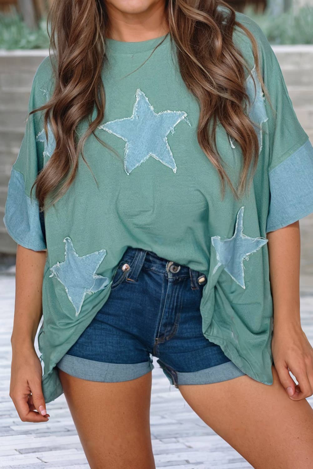 LDC Frayed Star Denim Patchwork Top