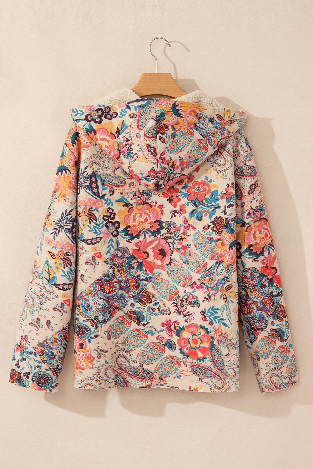 Khaki Vintage Paisley Floral Printed Sherpa Lined Hooded Jacket