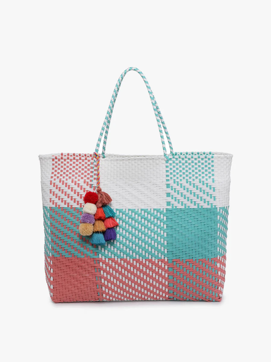 Jen & Co. Allie XL Woven Beach Tote w Pom-Poms