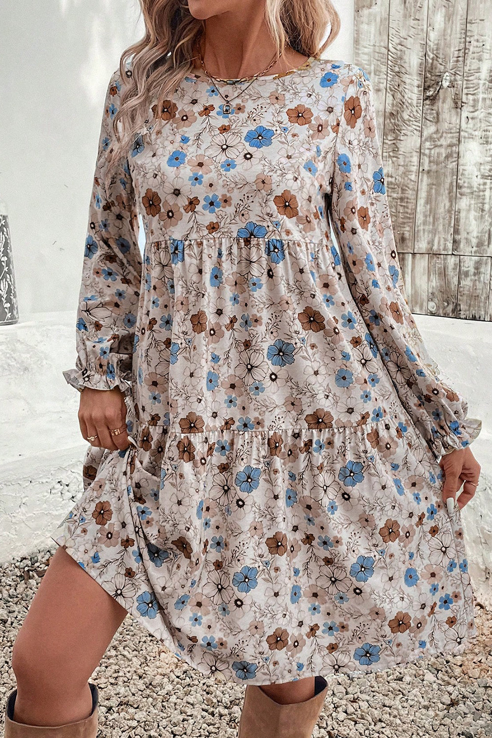 Khaki Floral Print Puff Sleeve Tiered Dress