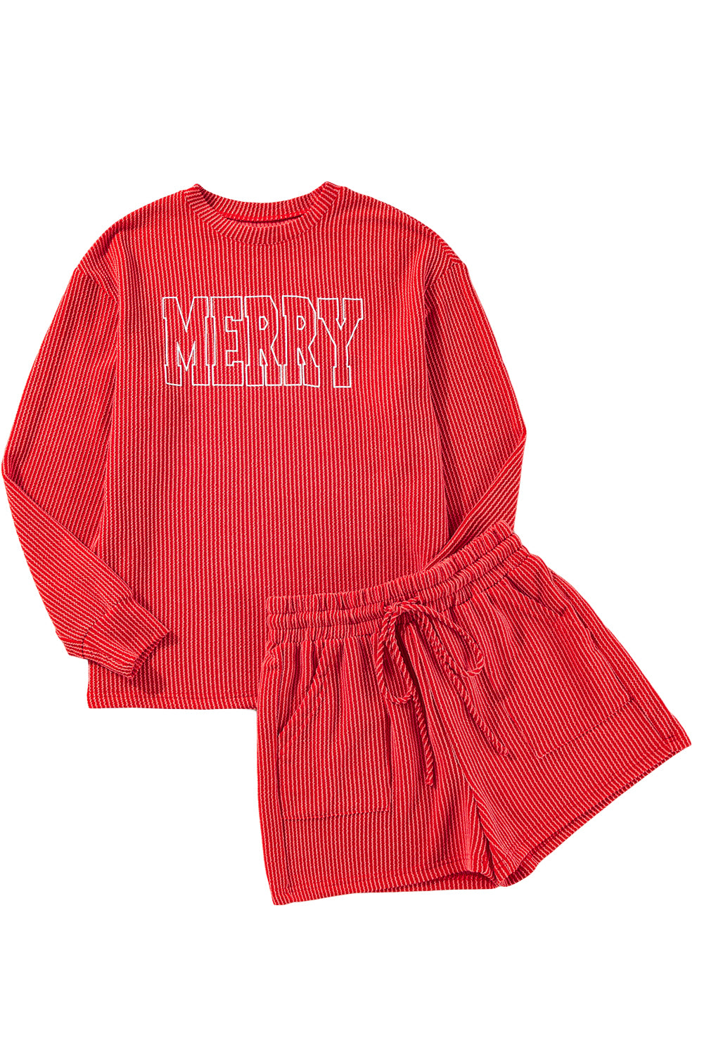Racing Red Corded MERRY Long Sleeve Top and Shorts Pajama Set