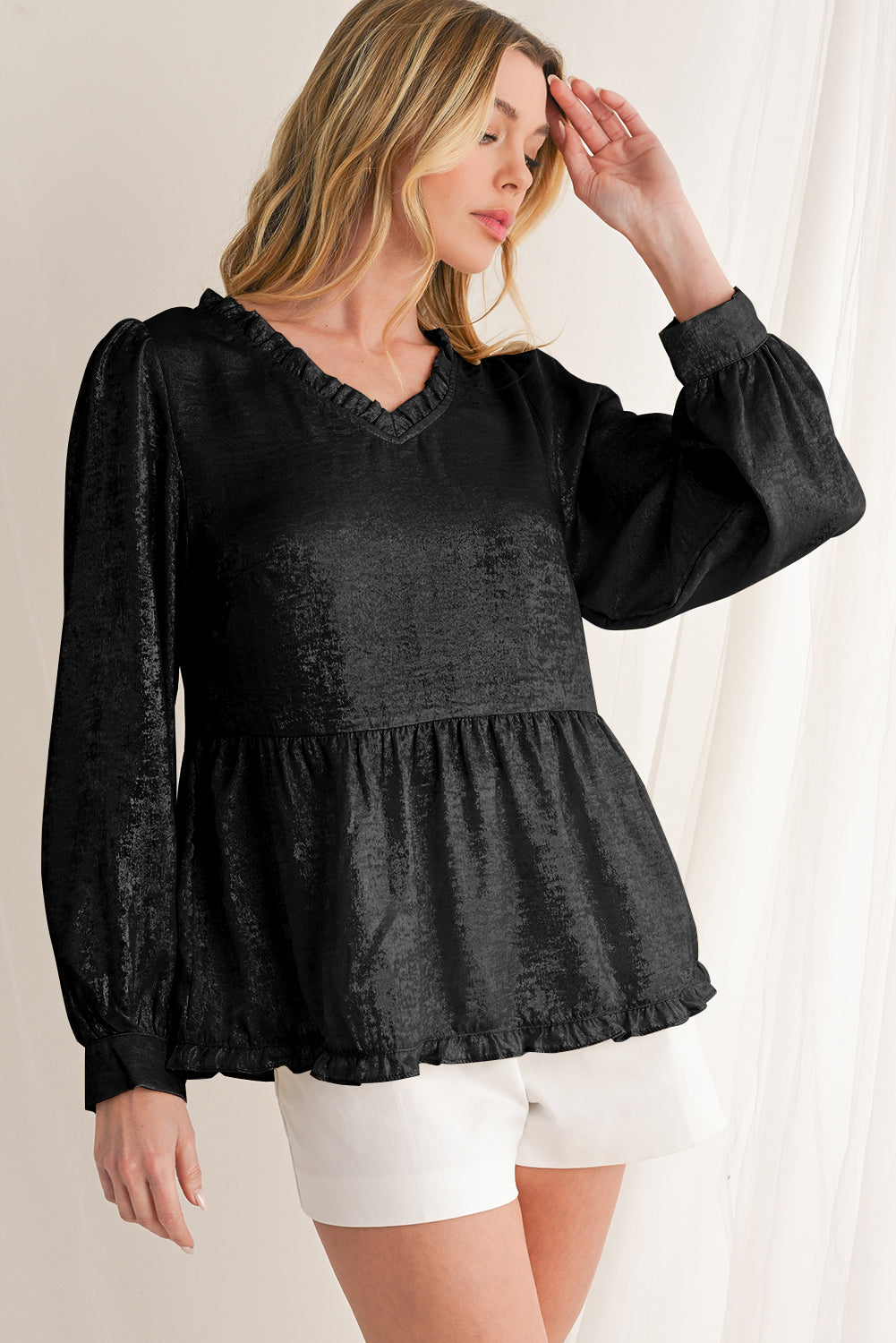 Gold Metallic Velvet Frill V Neck Puff Sleeve Babydoll Blouse