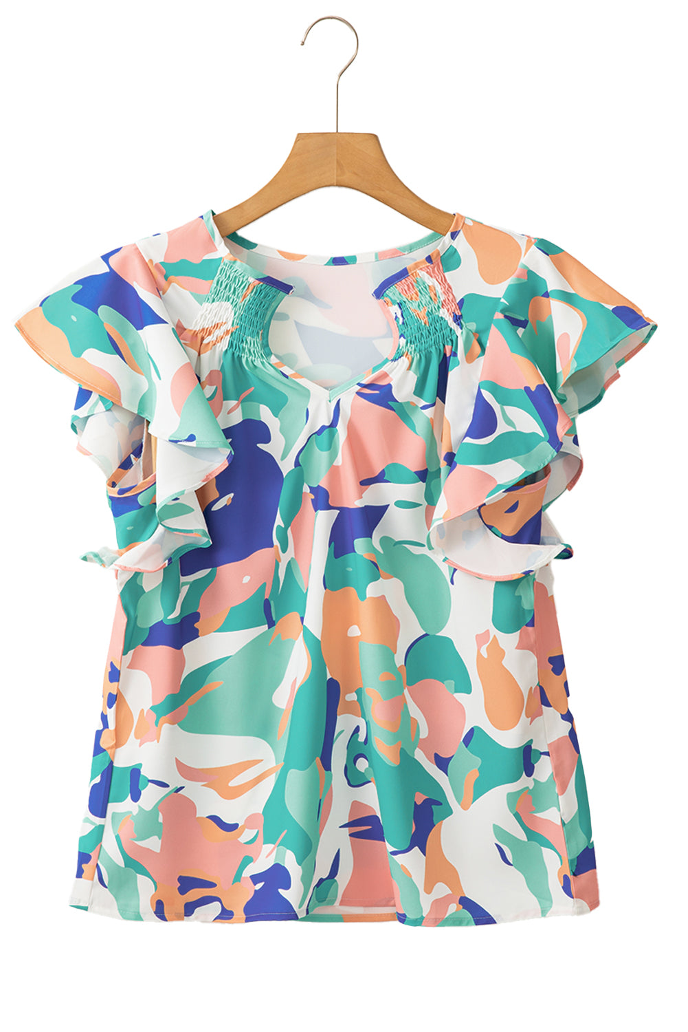 Multicolour Abstract Print Smocked Notched Neck Ruffle Blouse