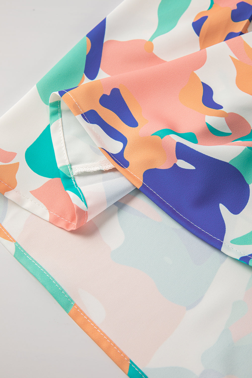 Multicolour Abstract Print Smocked Notched Neck Ruffle Blouse