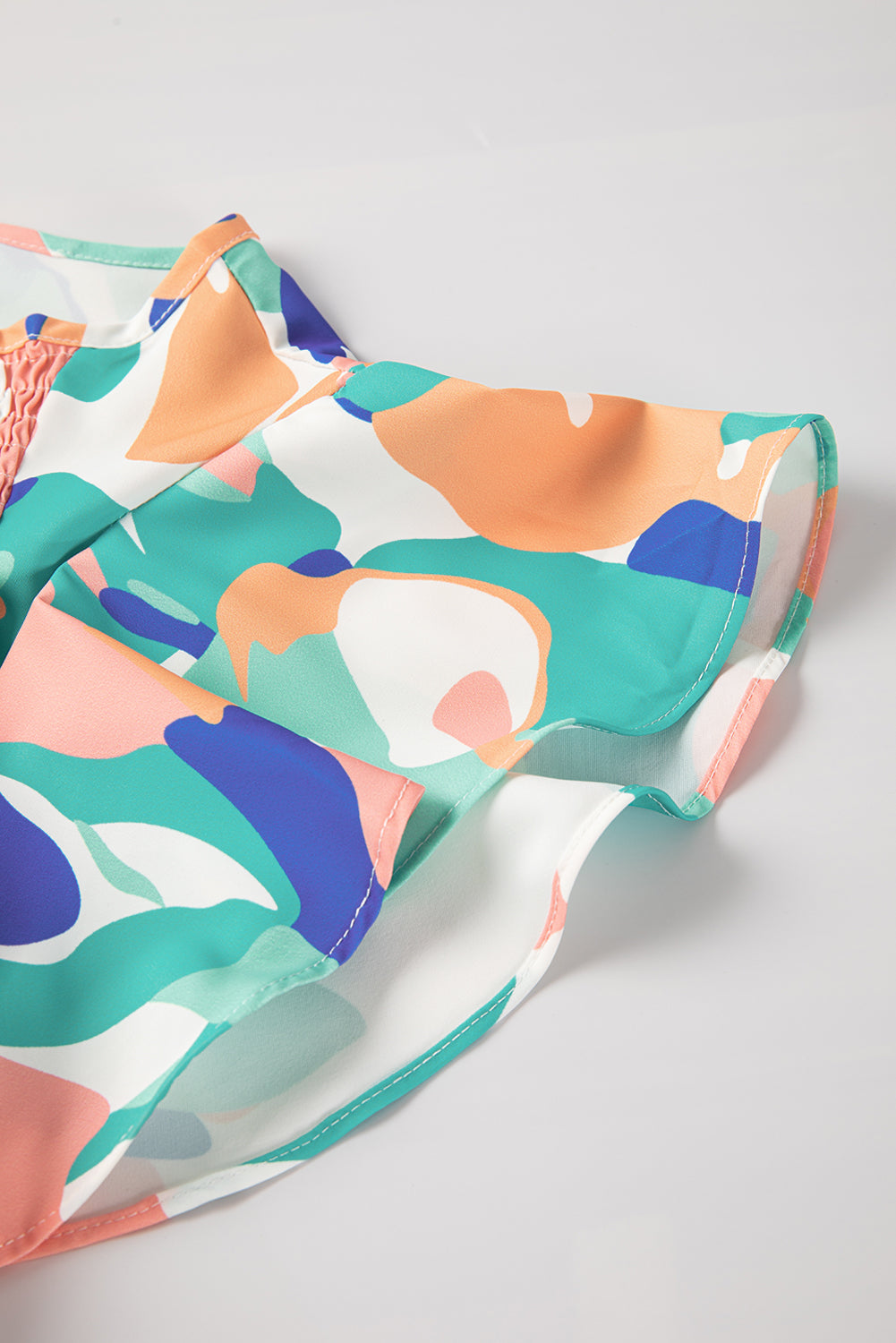 Multicolour Abstract Print Smocked Notched Neck Ruffle Blouse