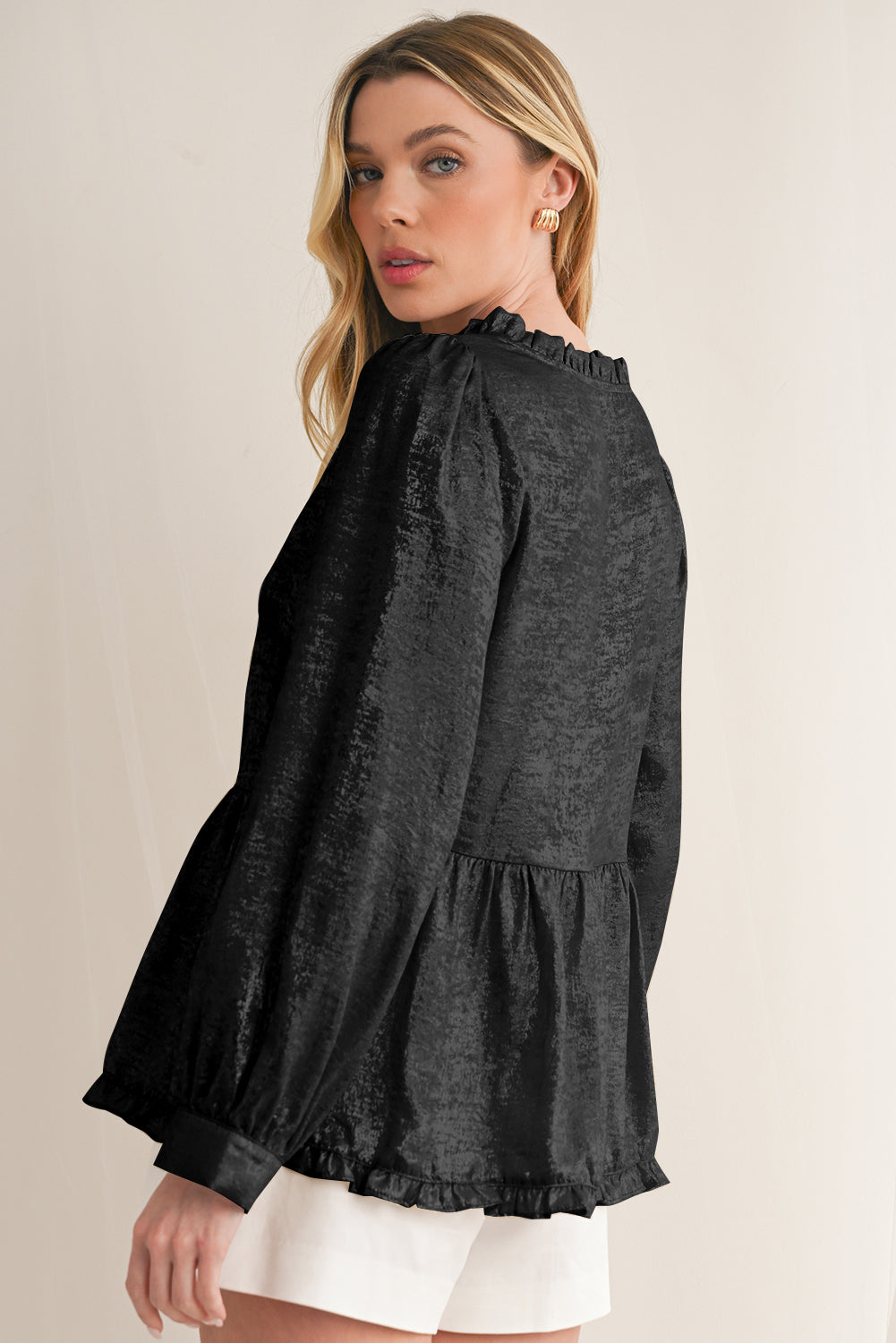 Gold Metallic Velvet Frill V Neck Puff Sleeve Babydoll Blouse