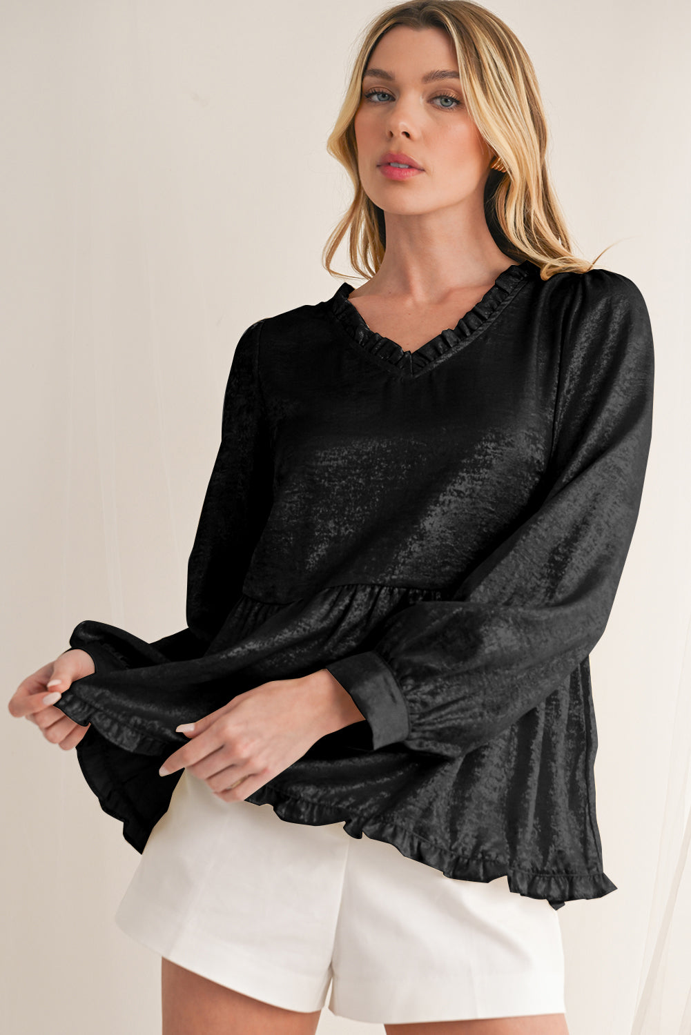 Gold Metallic Velvet Frill V Neck Puff Sleeve Babydoll Blouse