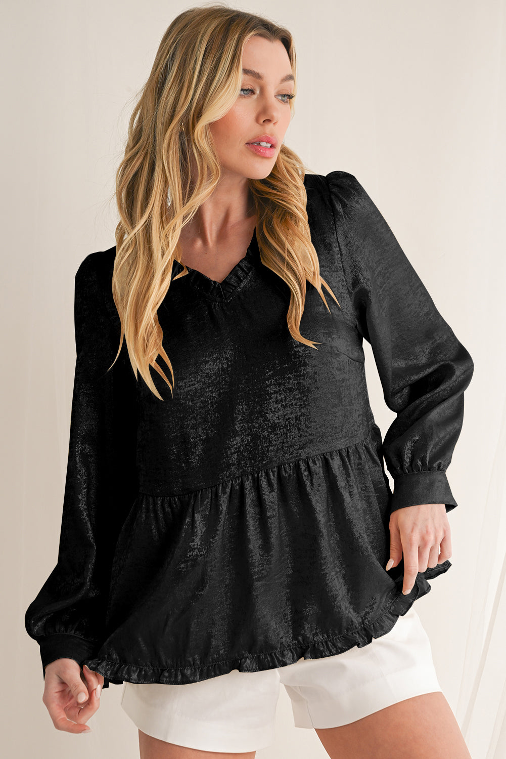 Gold Metallic Velvet Frill V Neck Puff Sleeve Babydoll Blouse