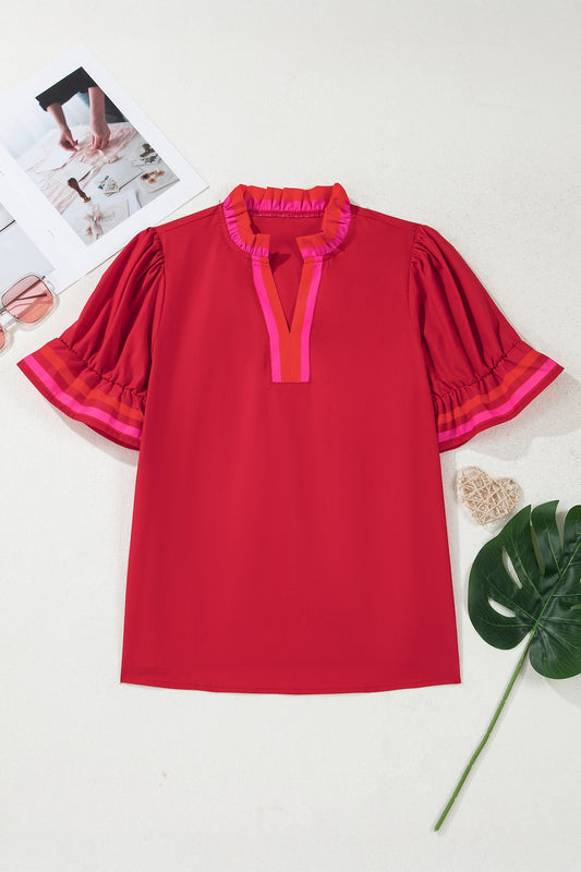 Stripe Frilled V-Neck Ruffle Short Sleeve Blouse